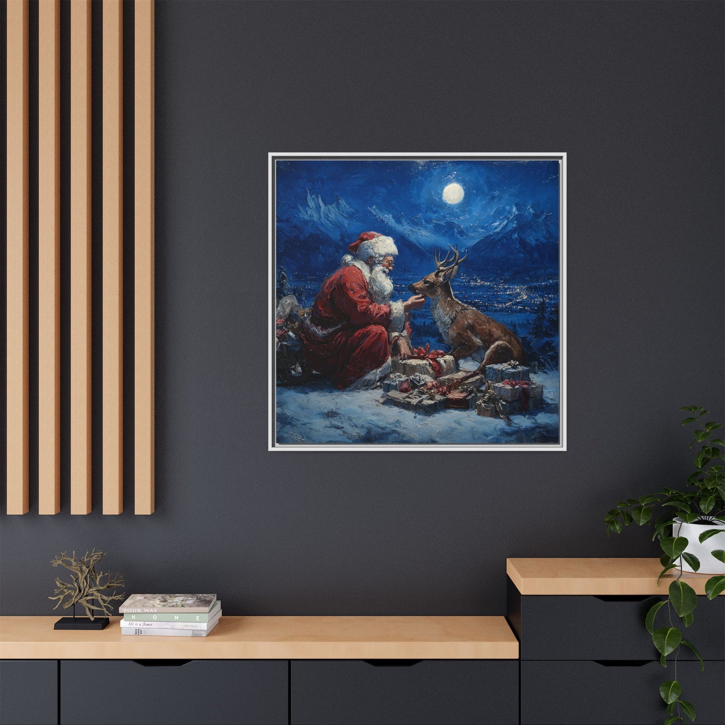 Dramatic Santa Claus Reindeer Christmas Framed Canvas Wall Art