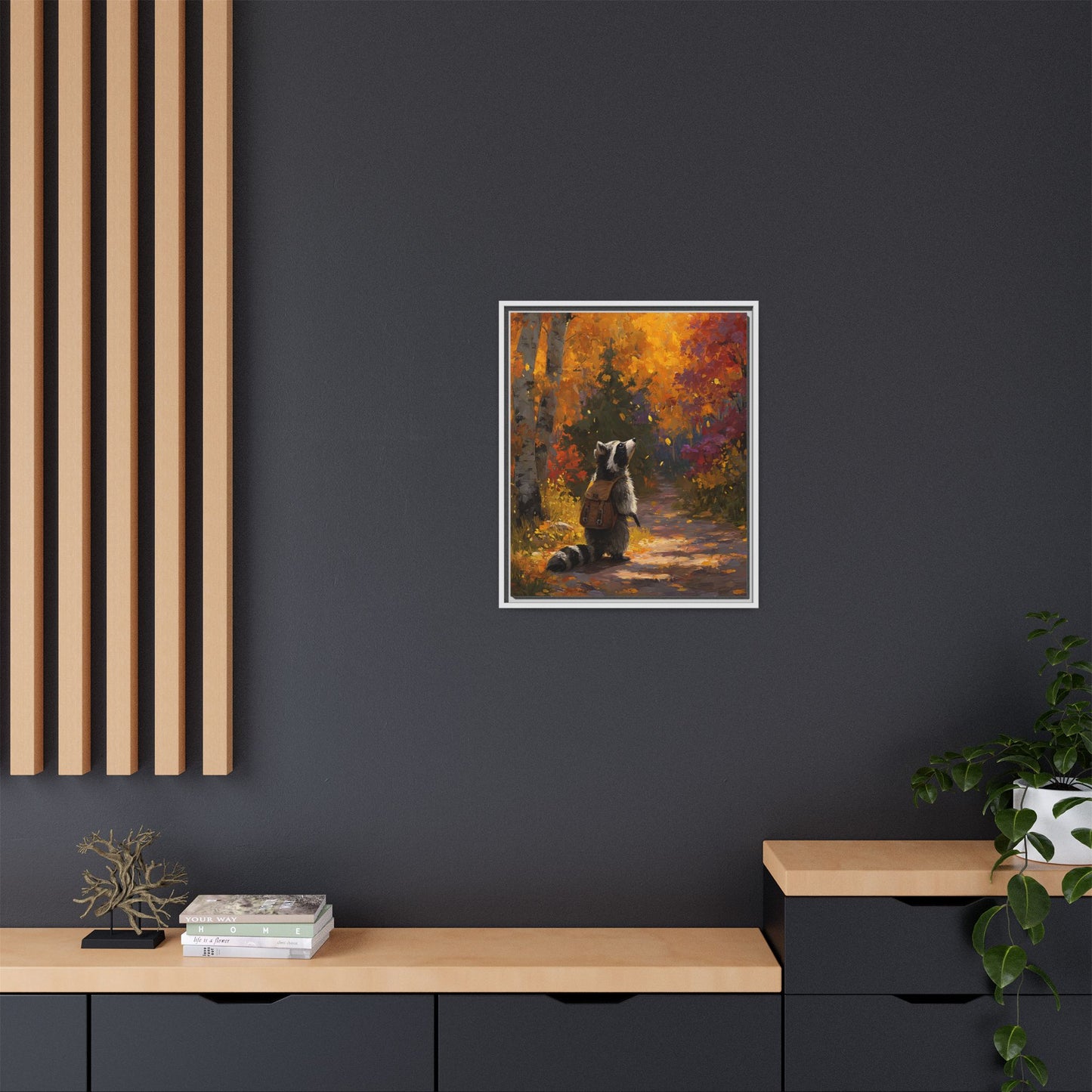 Autumn Raccoon Framed Canvas Wall Art