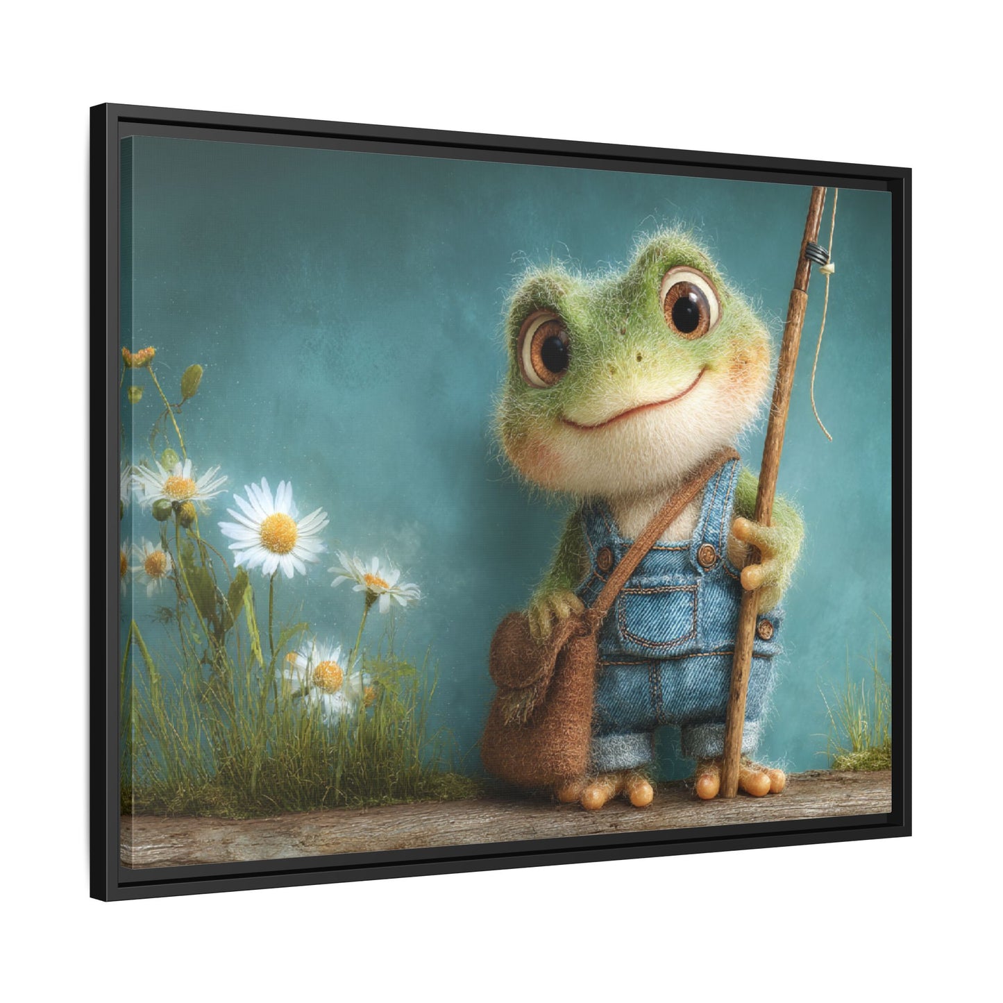 Funny Frog in a Jeans Framed Canvas Wall Art