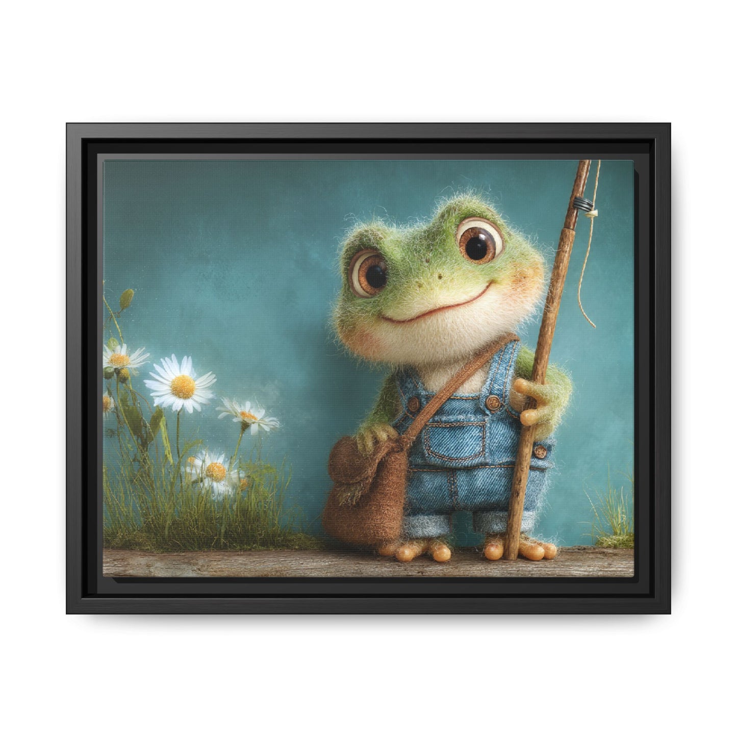 Funny Frog in a Jeans Framed Canvas Wall Art