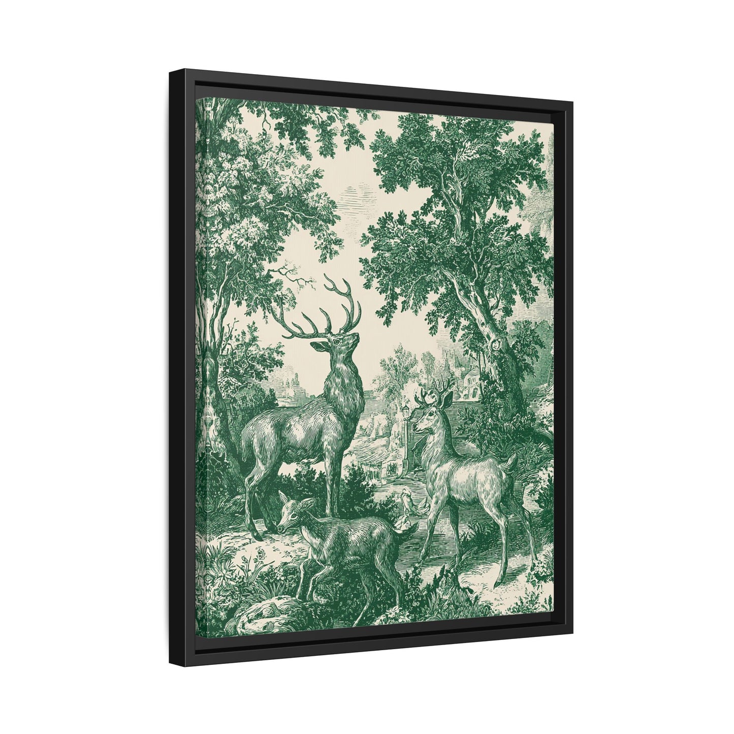 Deer Wildlife Green Toile de Jouy Framed Canvas Wall Art