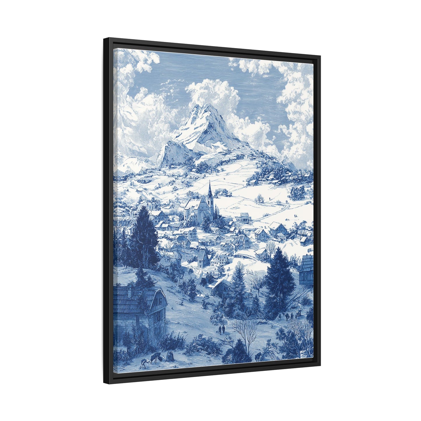 Countryside Blue Toile de Jouy Framed Canvas Wall Art