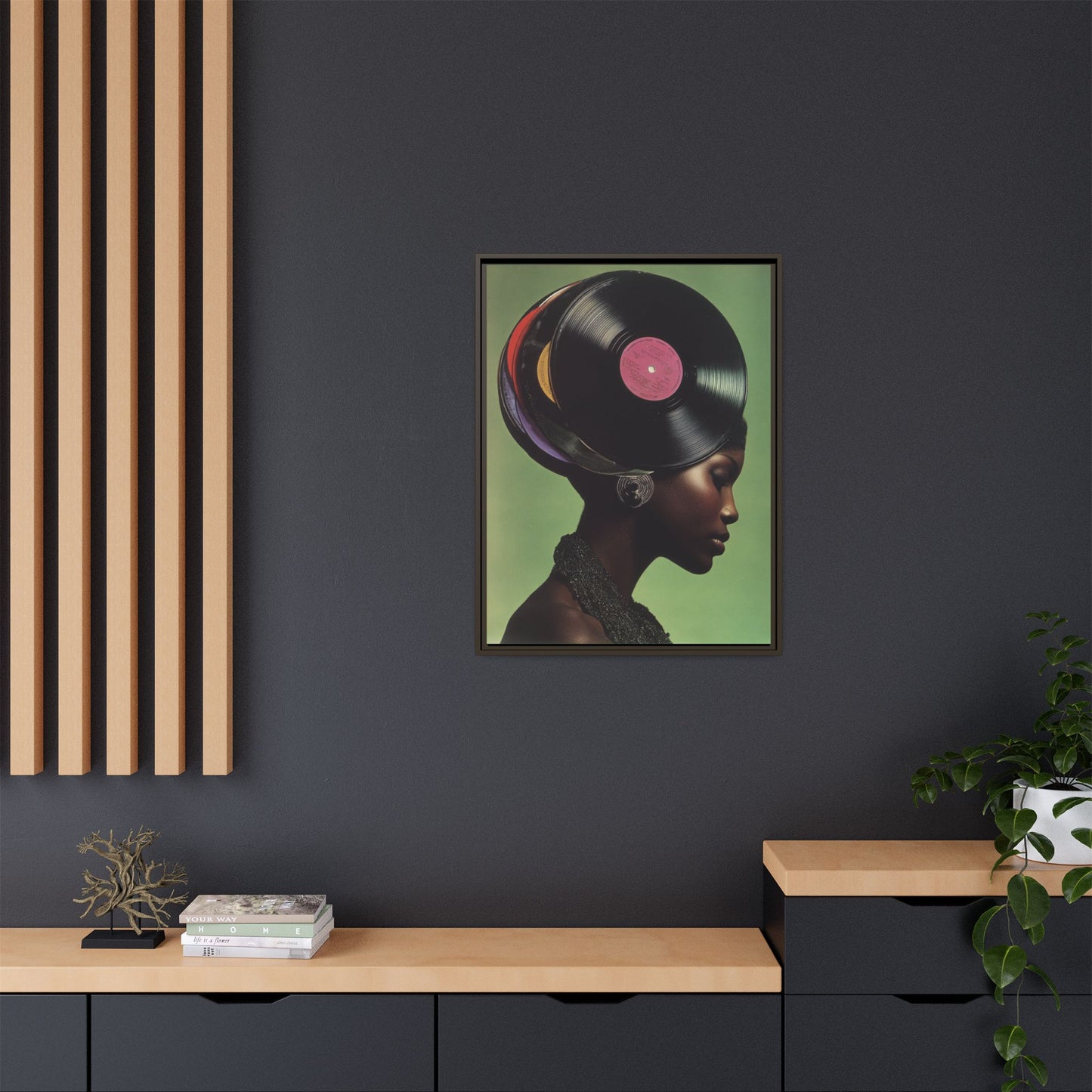 Vinyl Records Black Woman Framed Canvas Wall Art