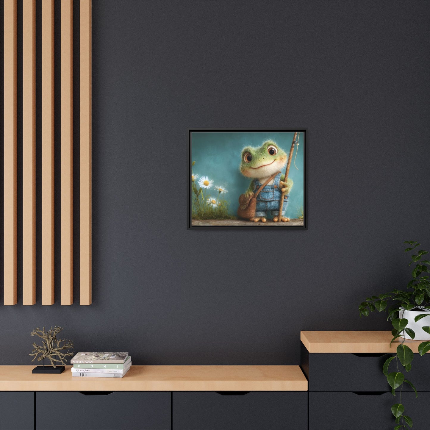 Funny Frog in a Jeans Framed Canvas Wall Art