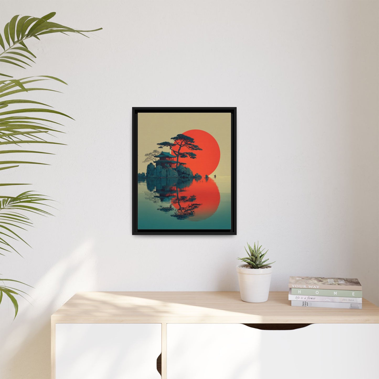 Red Moon Coastal Japandi Art Framed Canvas Wall Art