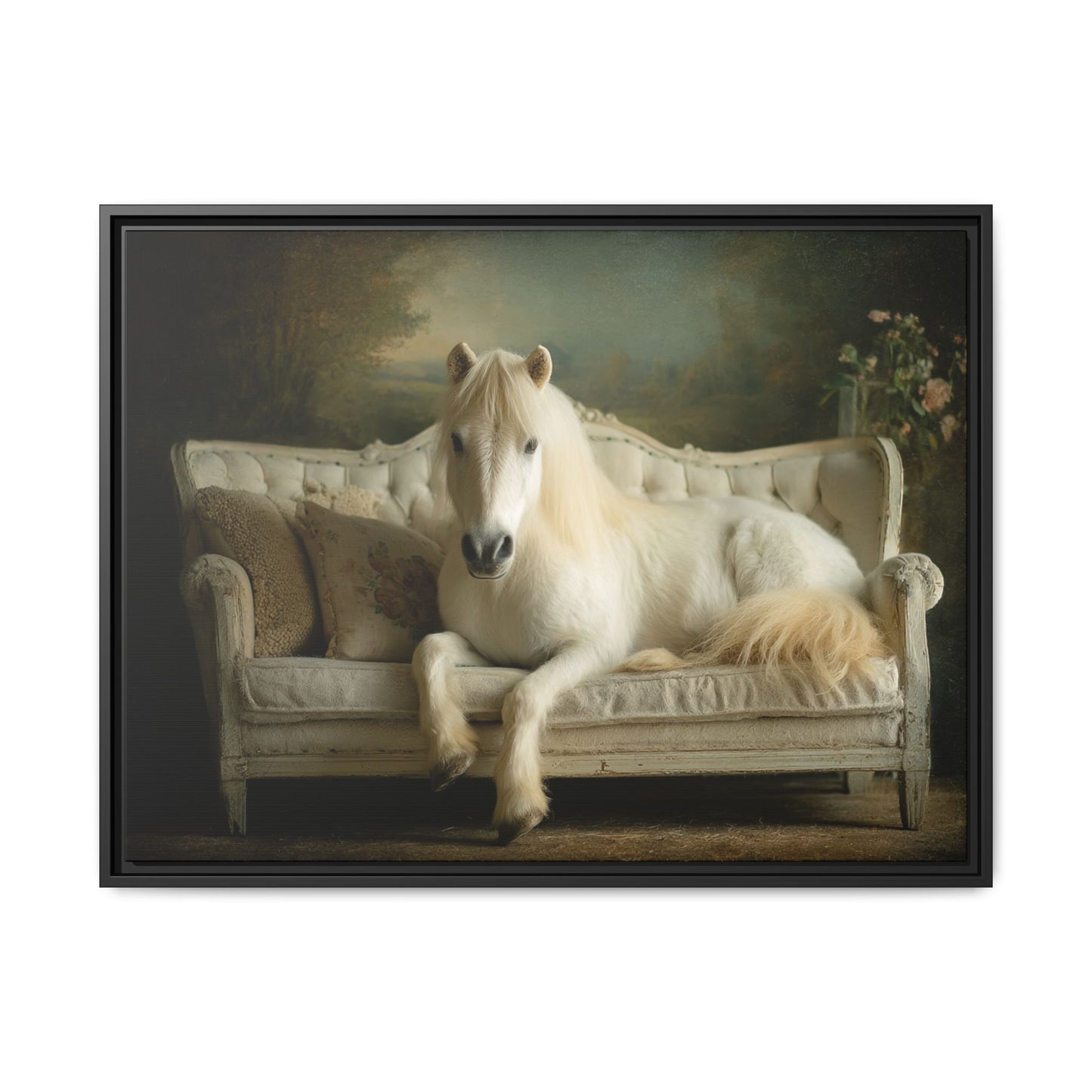 Funny Horse Lounging On Sofa Framed Canvas Wall Art