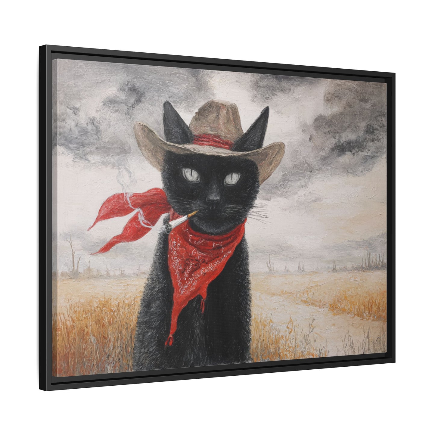 Western Cat Smoking Framed Canvas Wall Art