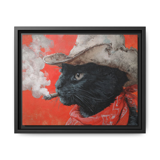 Western Smoking Cat Framed Canvas Wall Art