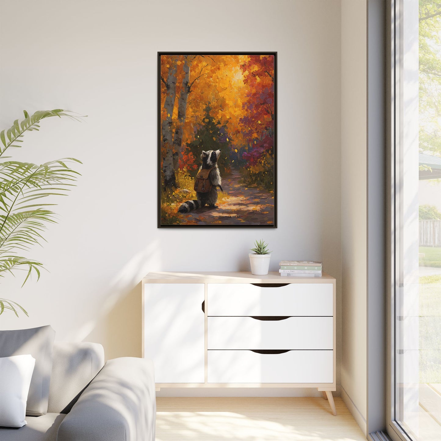 Autumn Raccoon Framed Canvas Wall Art