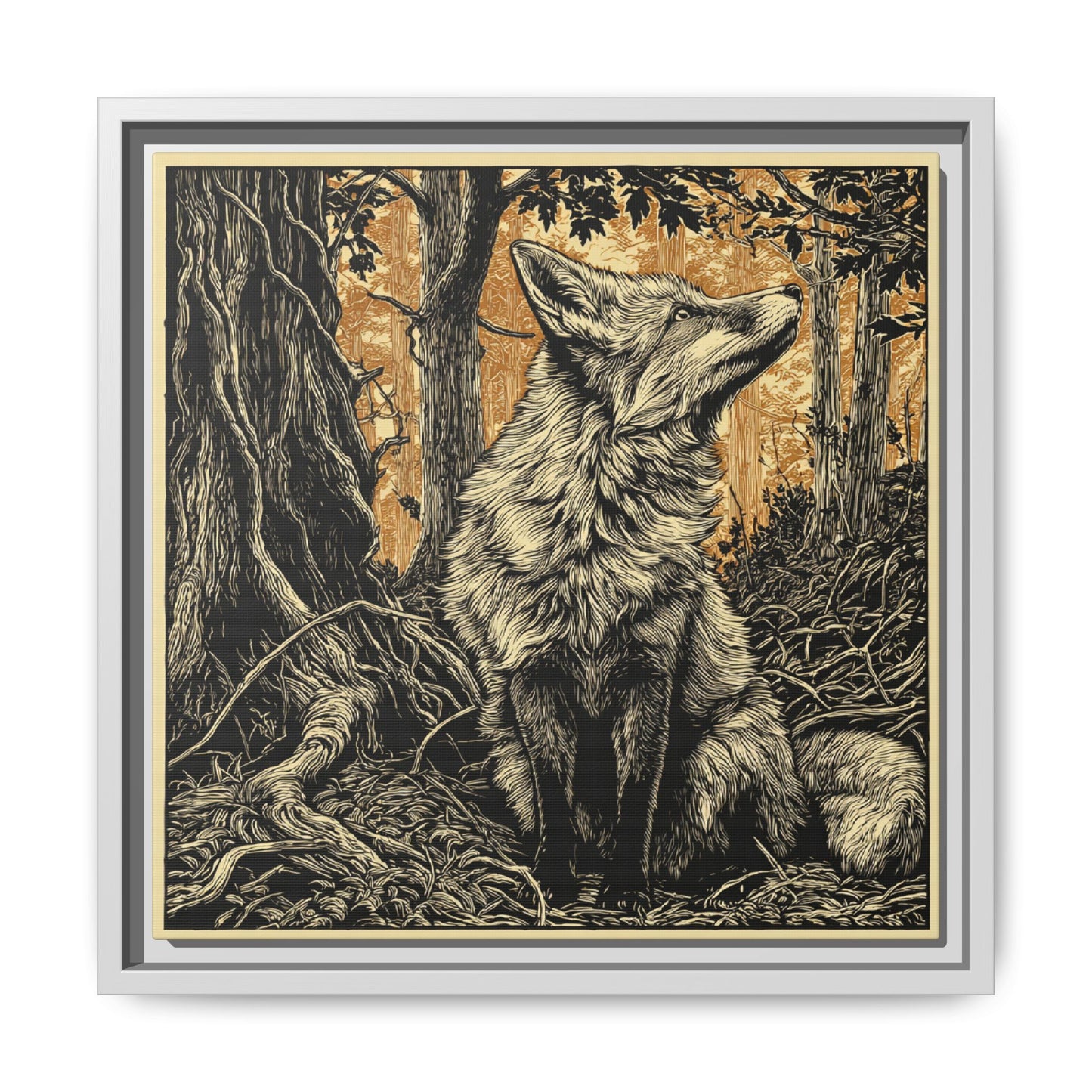 Fox Linoprint Square Framed Canvas Wall Art