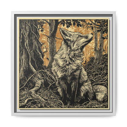 Fox Linoprint Square Framed Canvas Wall Art