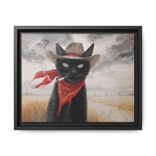 Western cat smoking framed canvas wall art with cowboy hat and red bandana in rustic landscape
