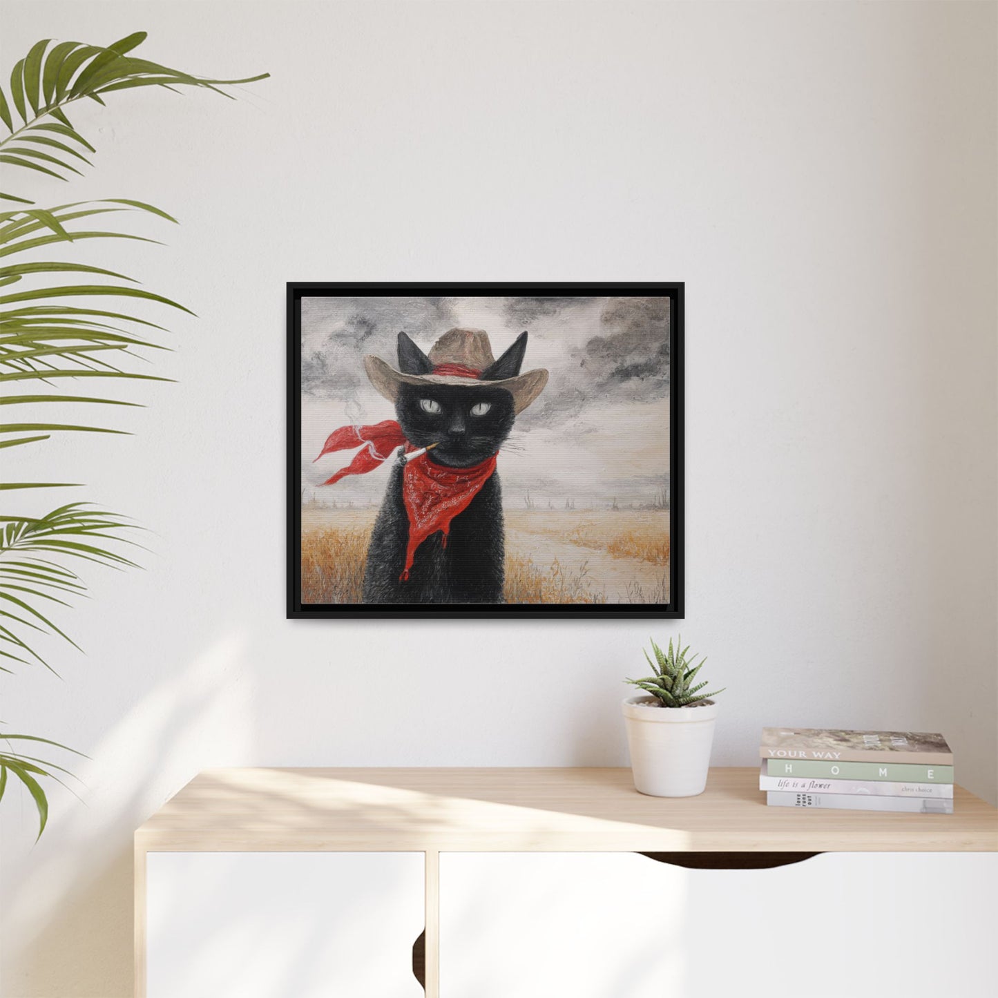 Western Cat Smoking Framed Canvas Wall Art