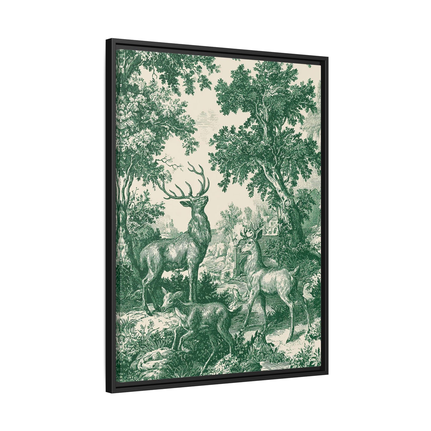 Deer Wildlife Green Toile de Jouy Framed Canvas Wall Art