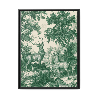 Deer Wildlife Green Toile de Jouy Framed Canvas Wall Art