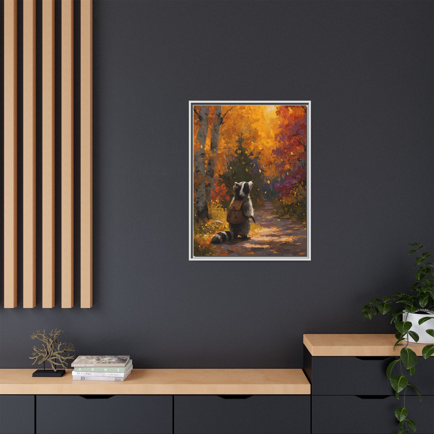 Autumn Raccoon Framed Canvas Wall Art