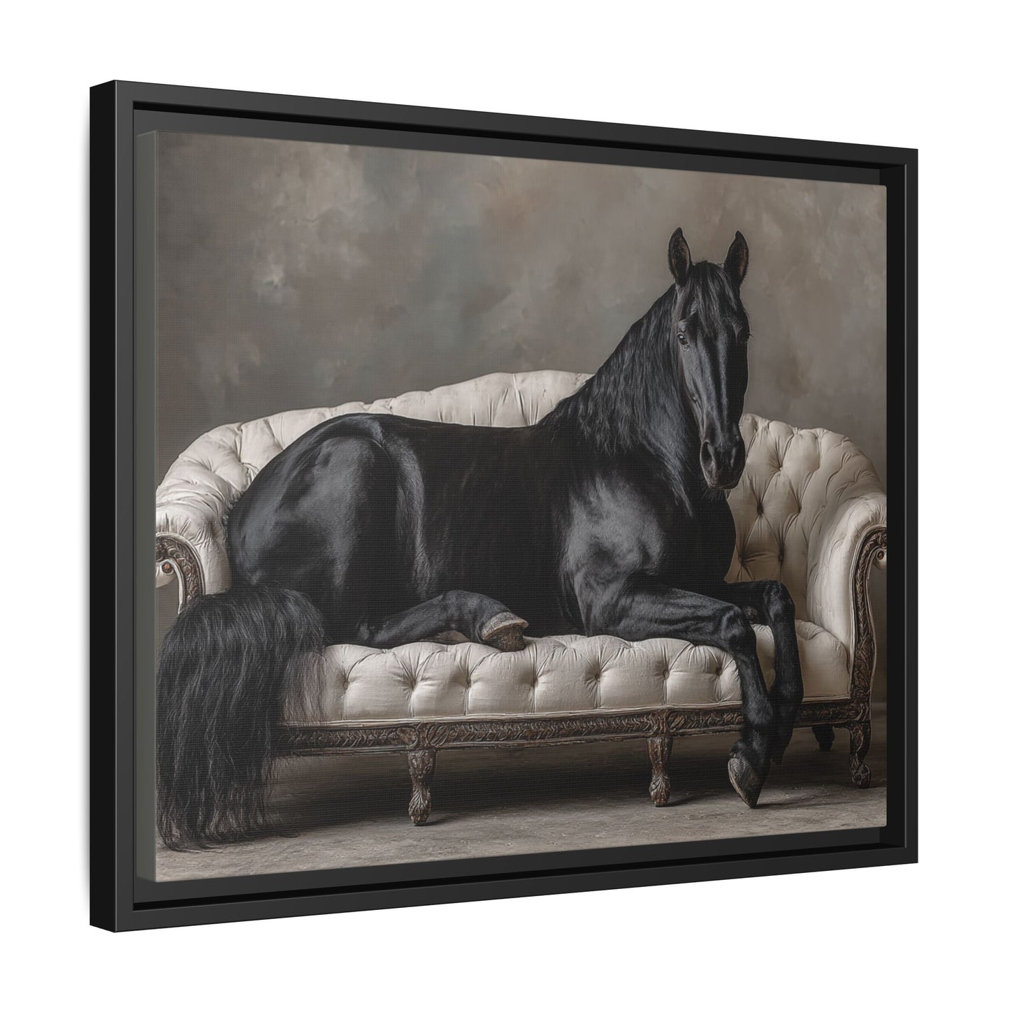 Funny Horse Lounging On Sofa Framed Canvas Wall Art