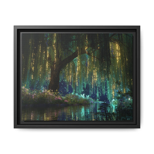 Magical Tree Framed Canvas wall art featuring enchanting illuminated tree over a calm water scene with vibrant colors and detailed design.