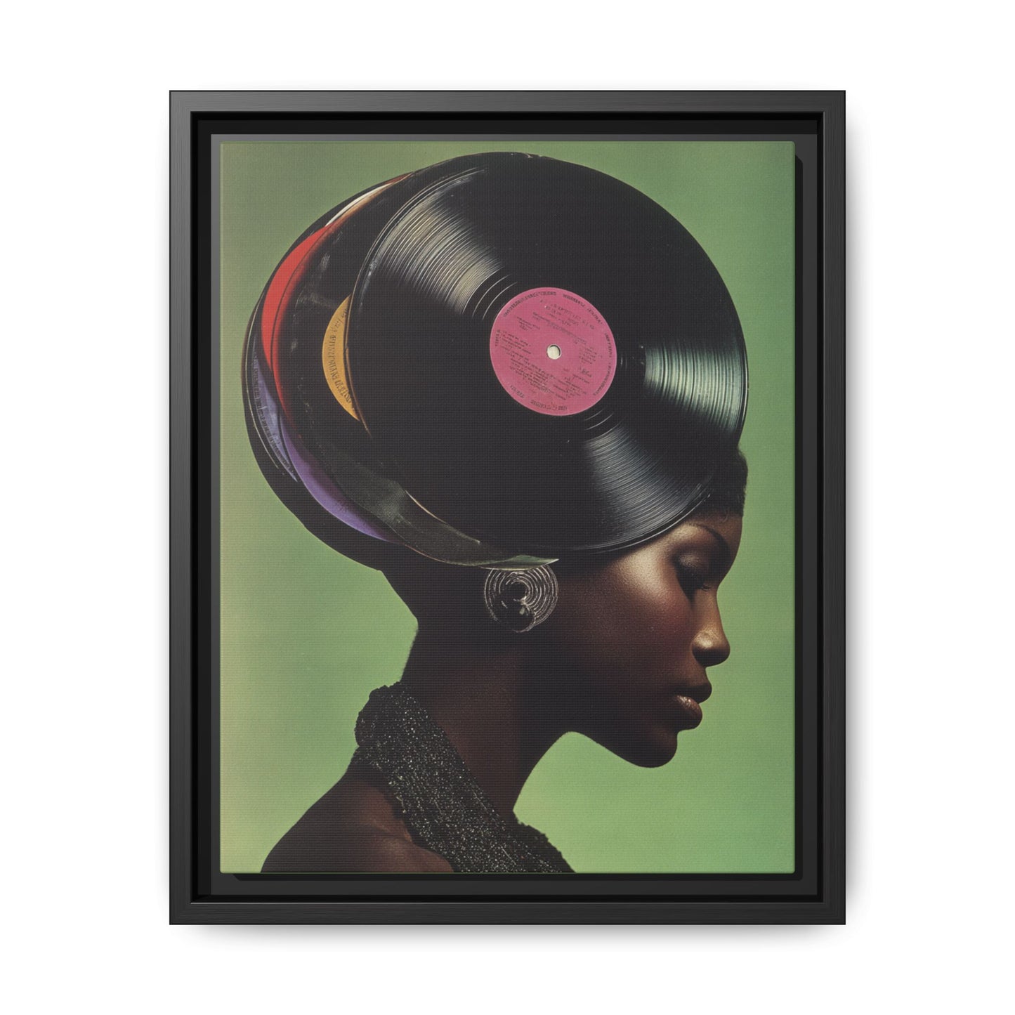 Vinyl Records Black Woman Framed Canvas Wall Art