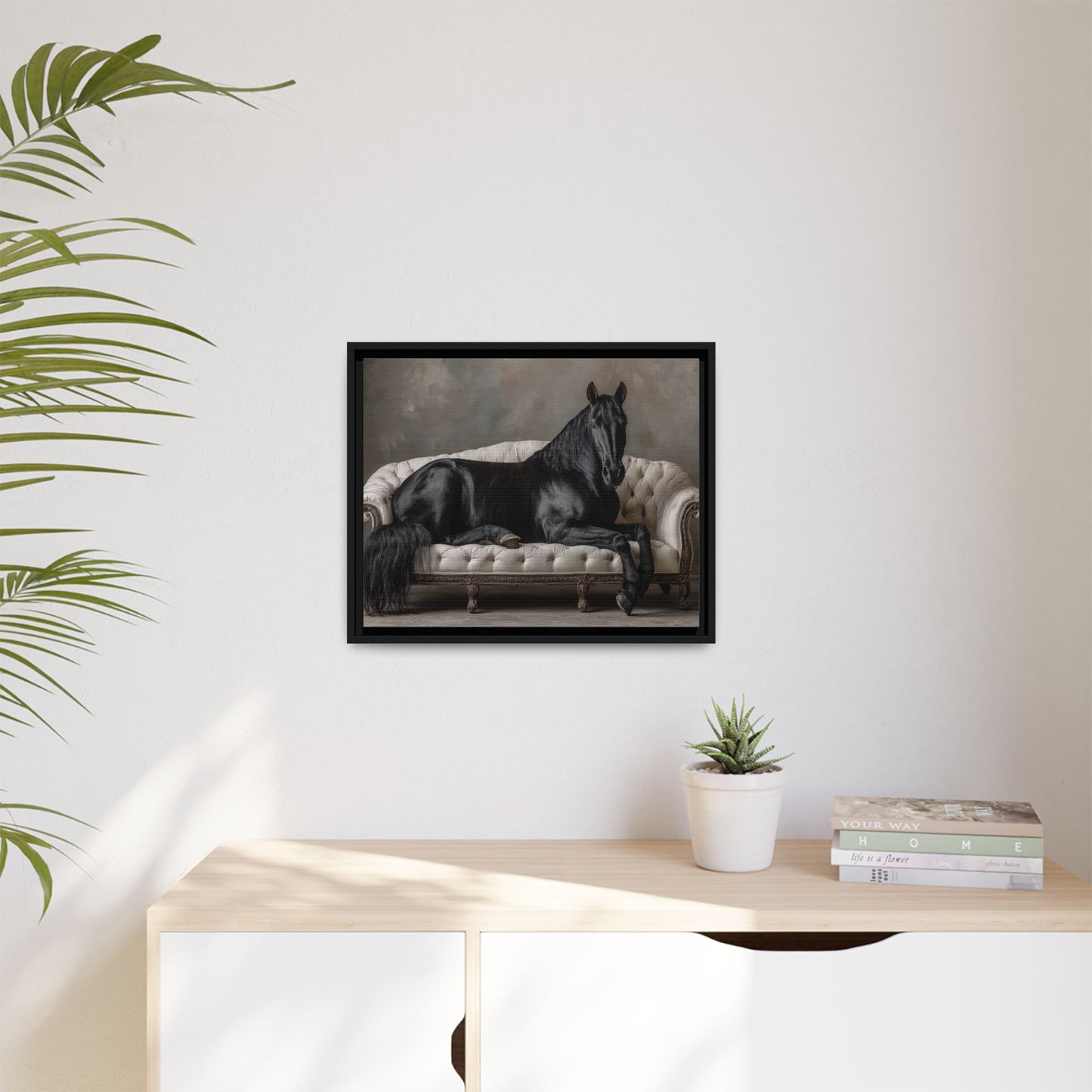 Funny Horse Lounging On Sofa Framed Canvas Wall Art