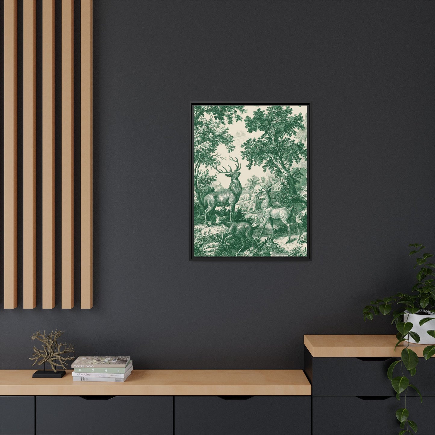 Deer Wildlife Green Toile de Jouy Framed Canvas Wall Art