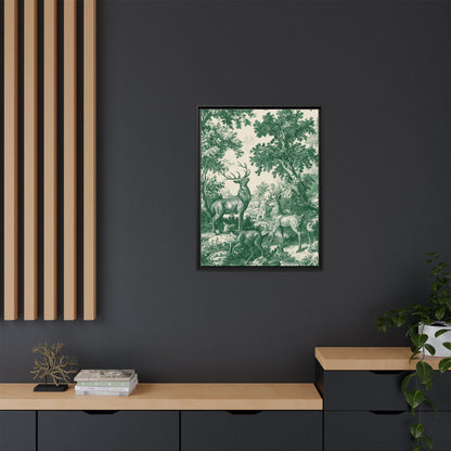 Deer Wildlife Green Toile de Jouy Framed Canvas Wall Art