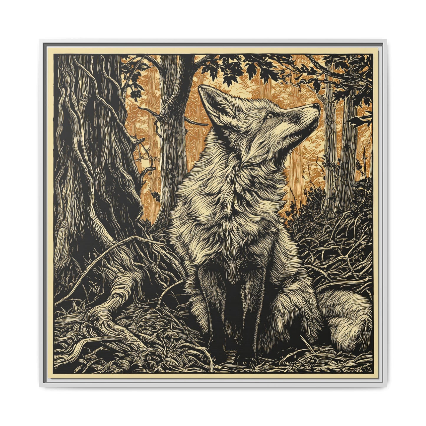Fox Linoprint Square Framed Canvas Wall Art