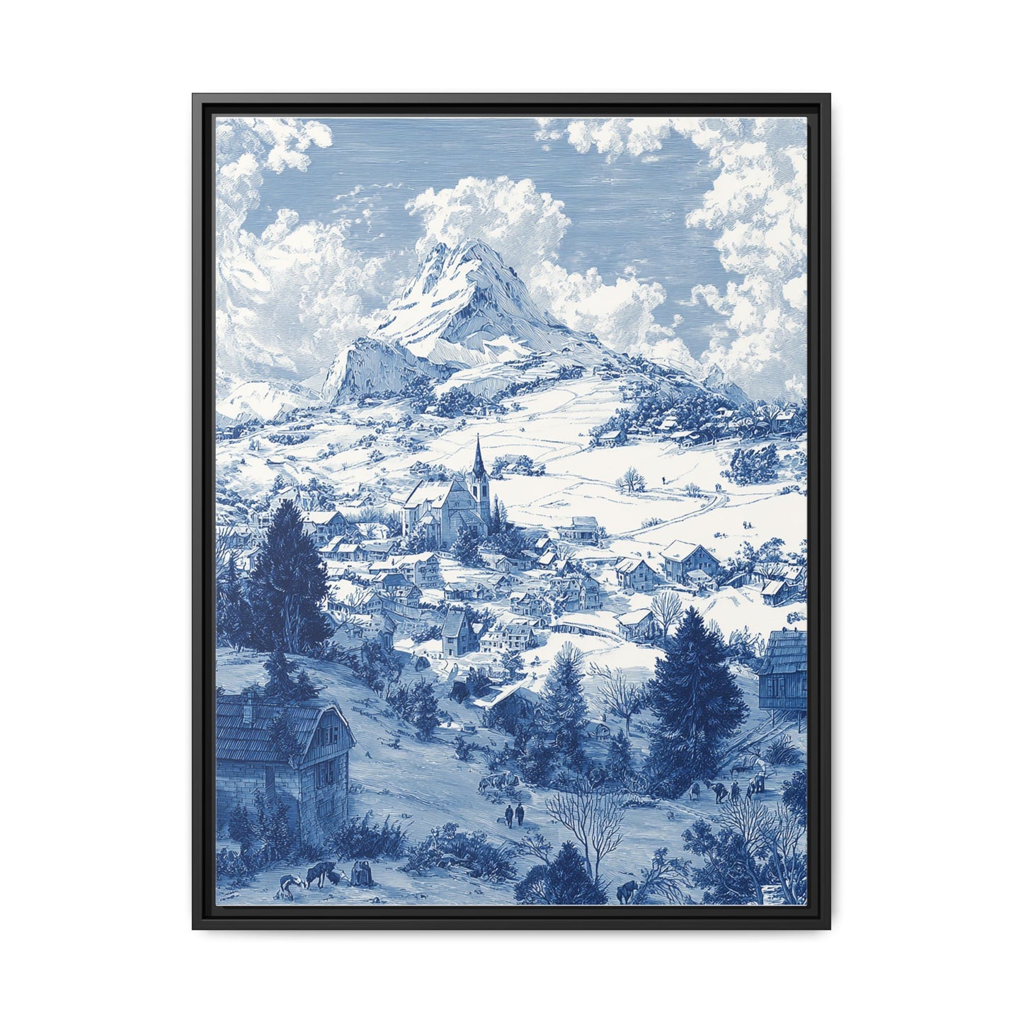 Countryside Blue Toile de Jouy Framed Canvas Wall Art