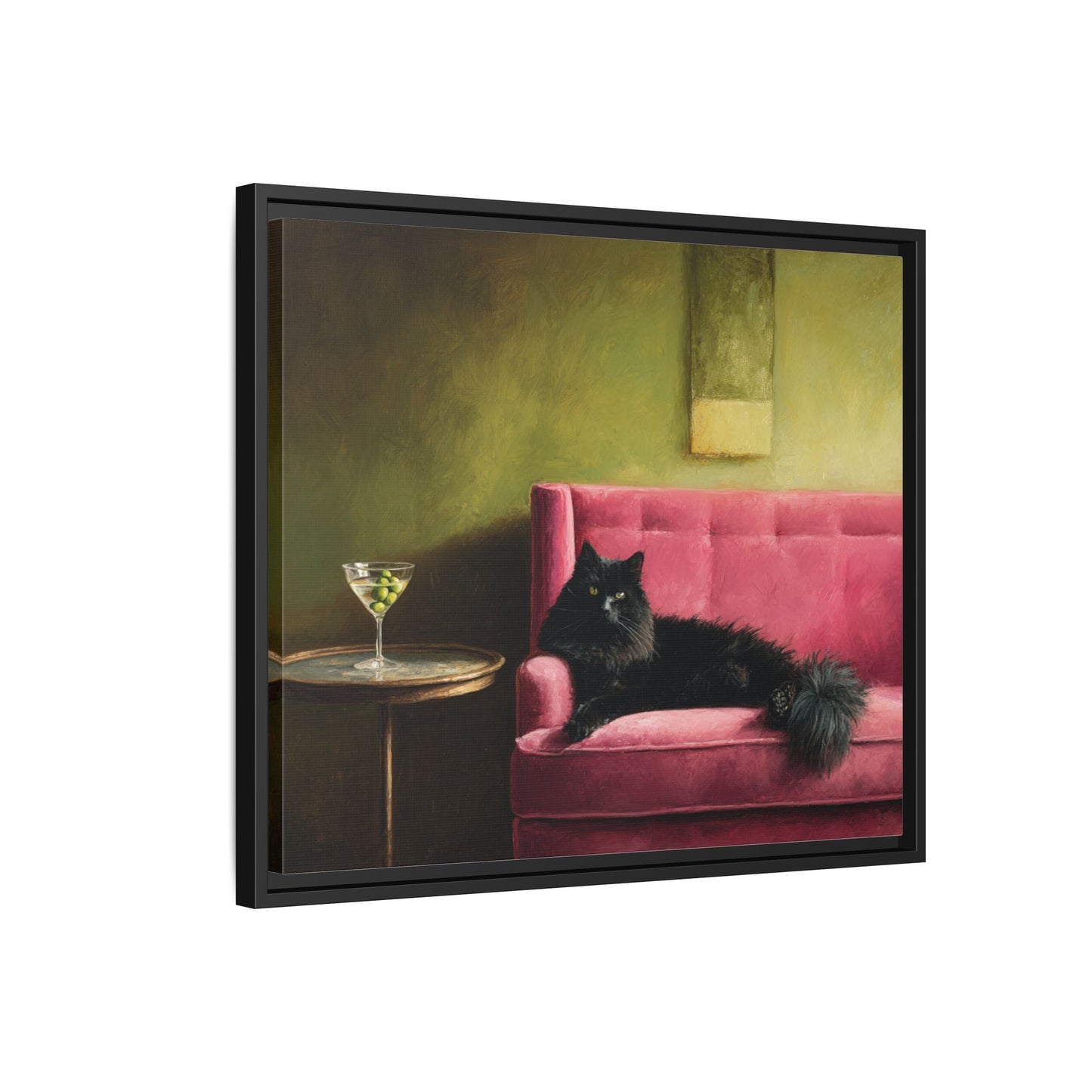 Funny Black Cat on Couch Framed Canvas Wall Art