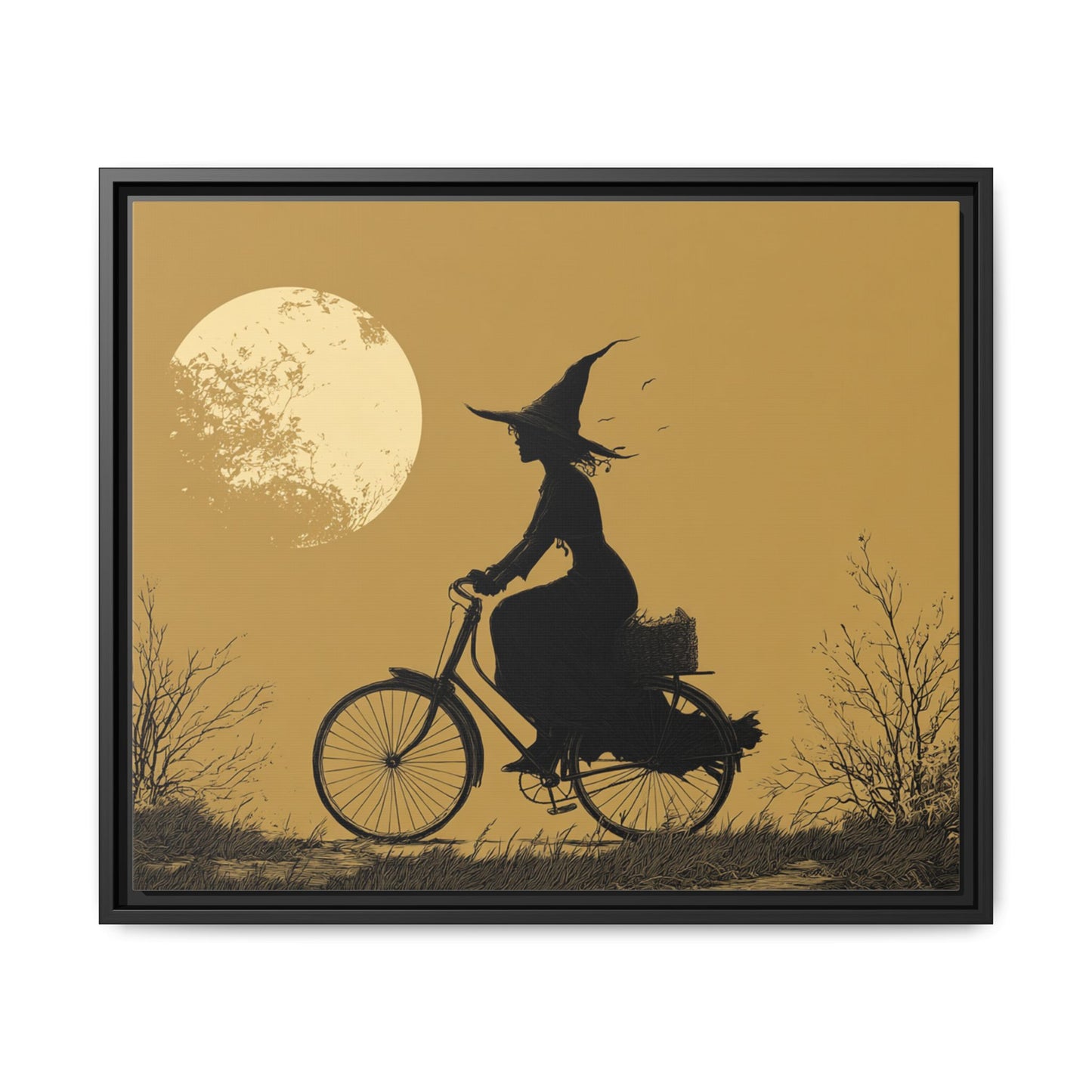 Witch on Bicycle Framed Canvas Wall Art
