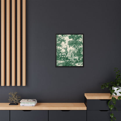 Deer Wildlife Green Toile de Jouy Framed Canvas Wall Art