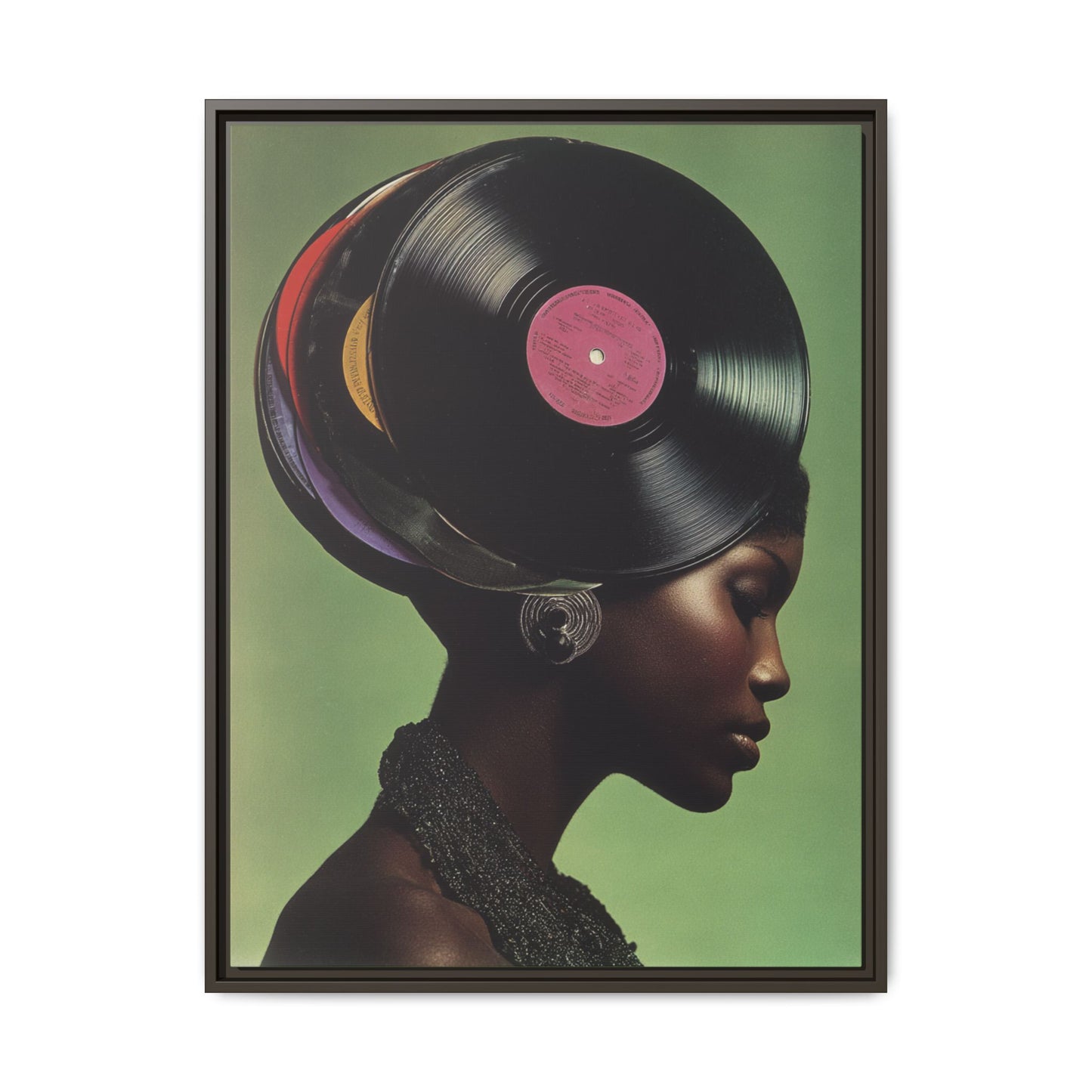 Vinyl Records Black Woman Framed Canvas Wall Art