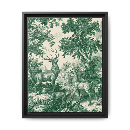 Deer Wildlife Green Toile de Jouy Framed Canvas Wall Art