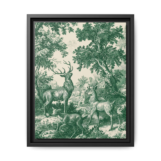 Deer Wildlife Green Toile de Jouy Framed Canvas Wall Art