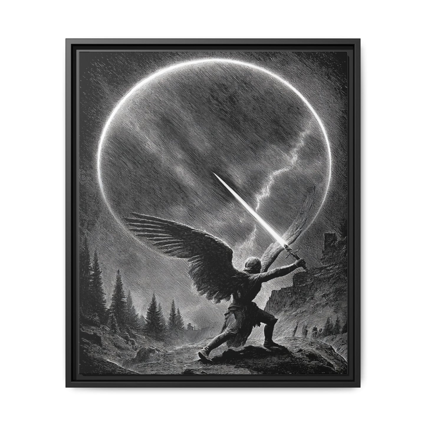 Warrior Angel Black White Framed Canvas Wall Art