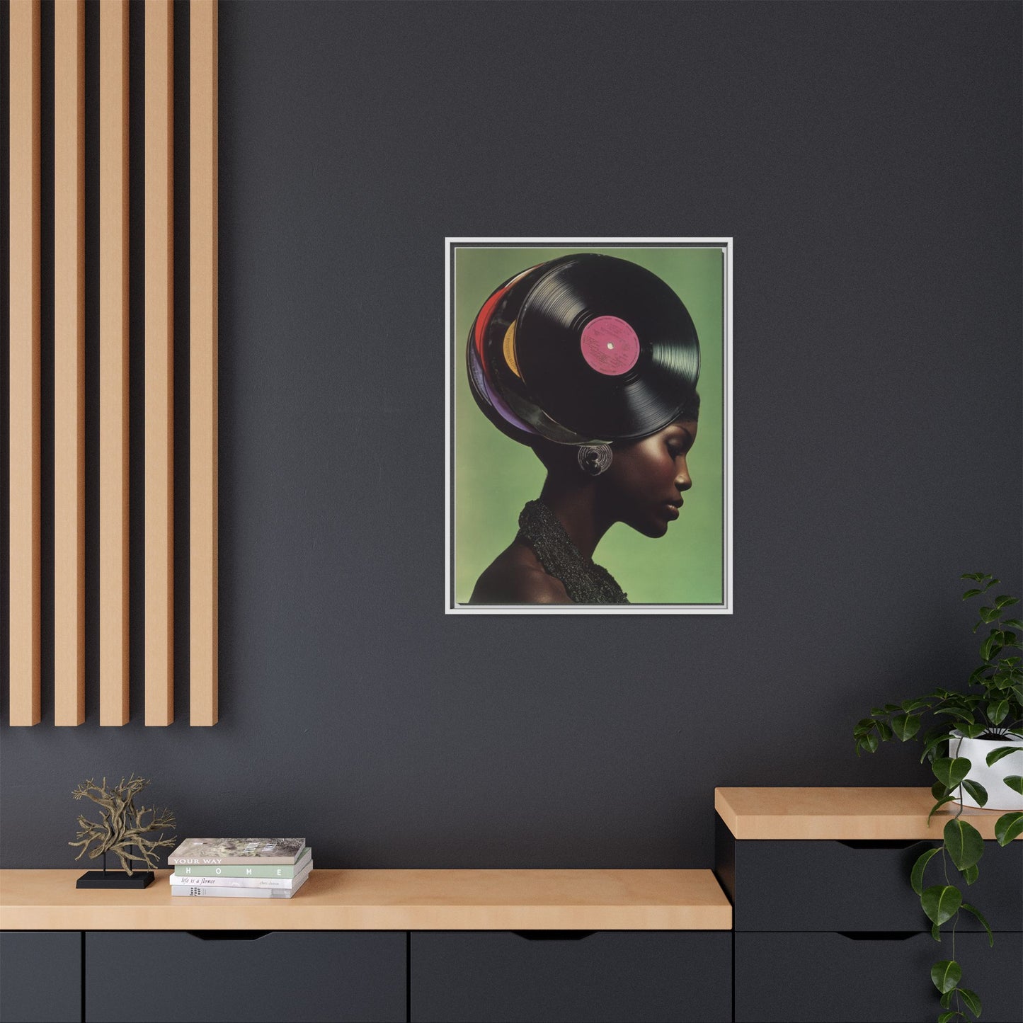 Vinyl Records Black Woman Framed Canvas Wall Art