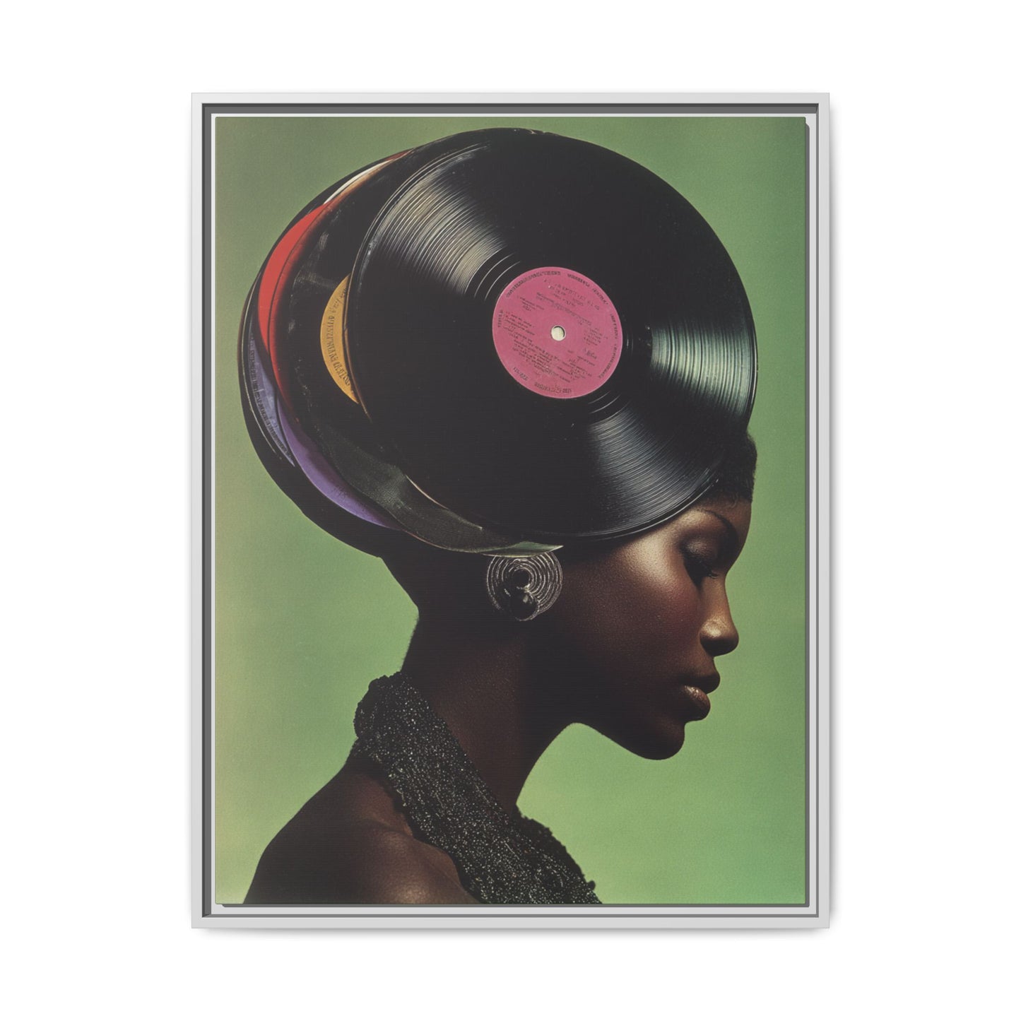 Vinyl Records Black Woman Framed Canvas Wall Art