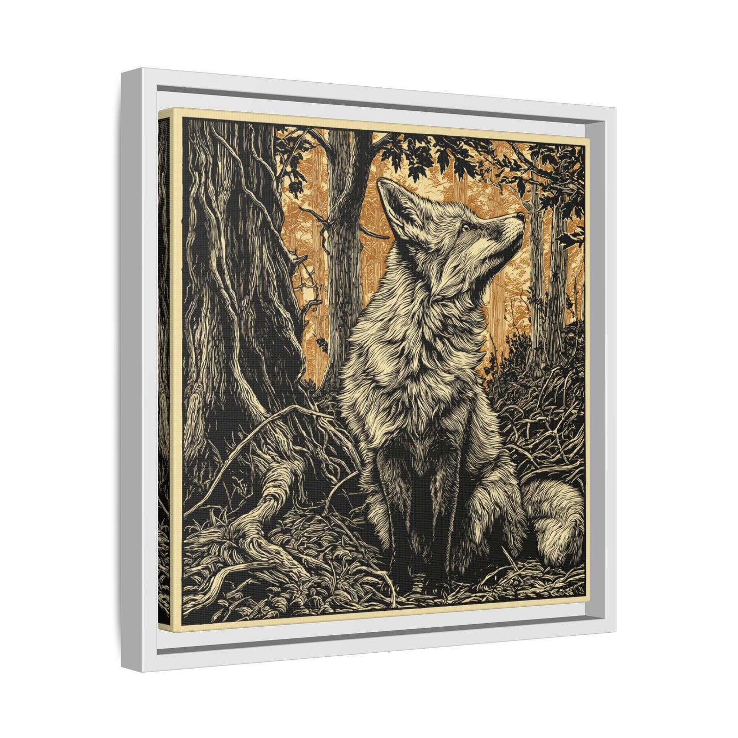 Fox Linoprint Square Framed Canvas Wall Art