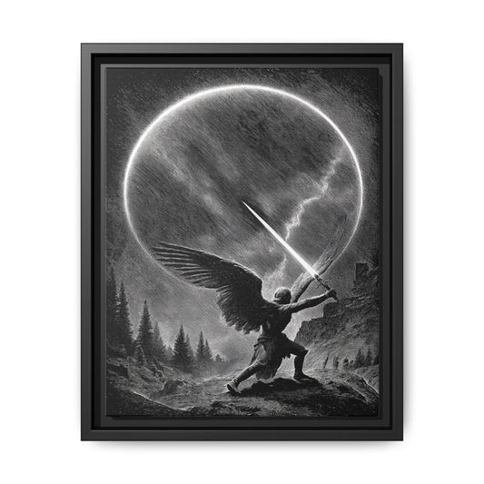 Warrior Angel black and white framed canvas wall art depicting a winged figure with sword in a dramatic monochrome landscape