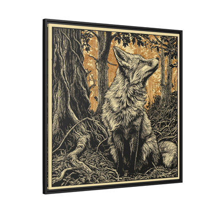 Fox Linoprint Square Framed Canvas Wall Art