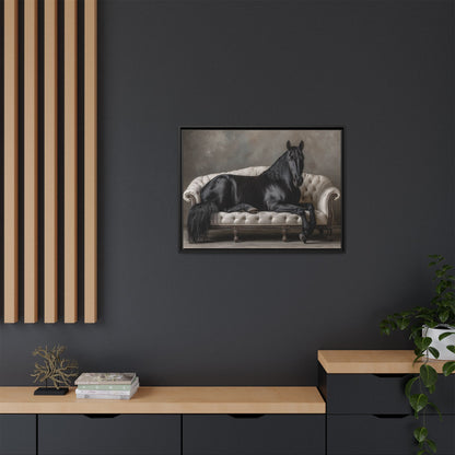 Funny Horse Lounging On Sofa Framed Canvas Wall Art