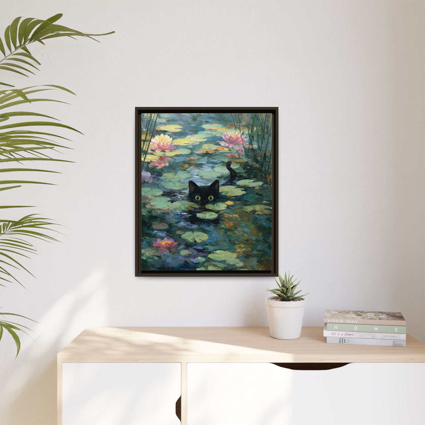 Monet Cat on Lake Framed Canvas Wall Art