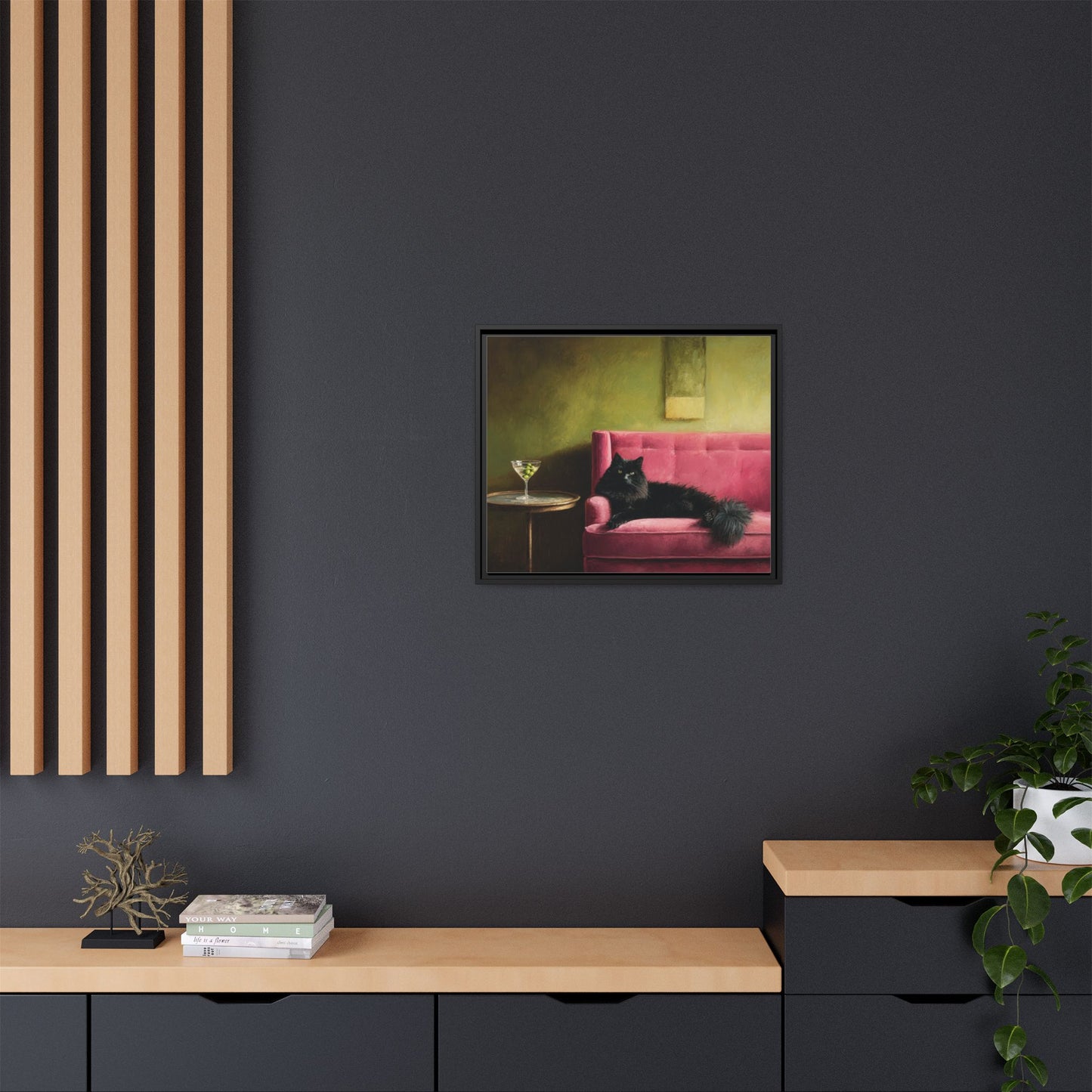 Funny Black Cat on Couch Framed Canvas Wall Art