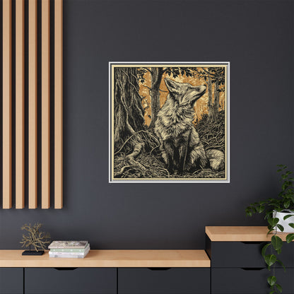 Fox Linoprint Square Framed Canvas Wall Art
