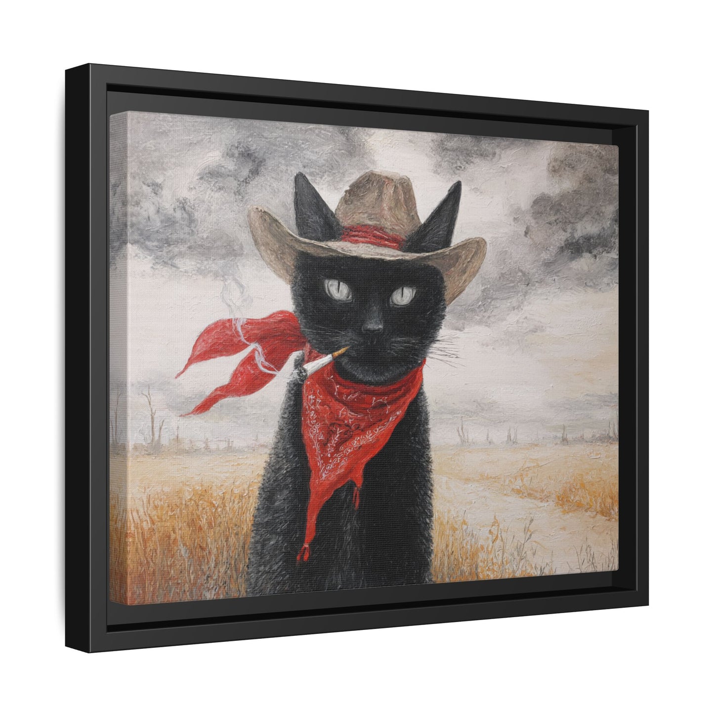 Western Cat Smoking Framed Canvas Wall Art