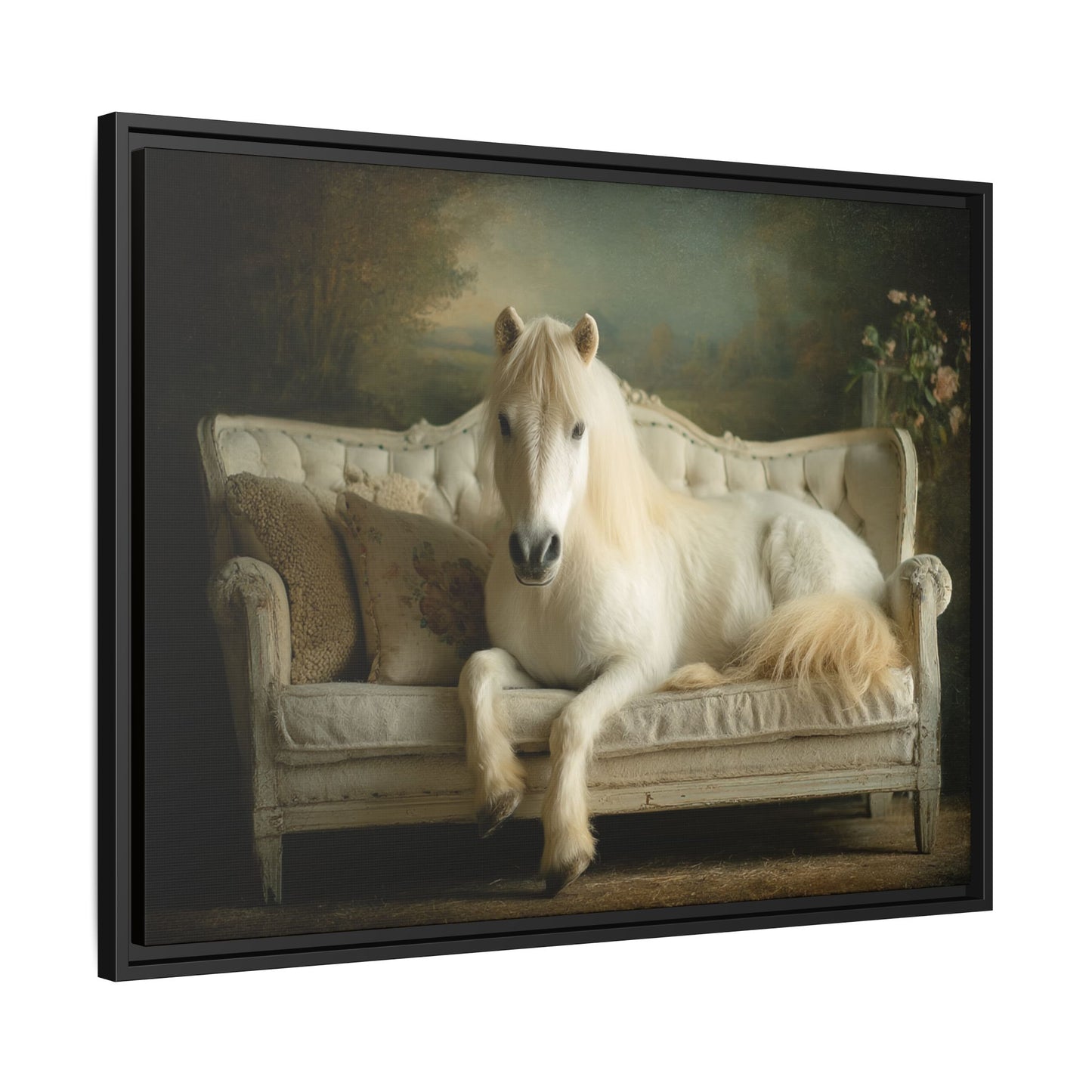 Funny Horse Lounging On Sofa Framed Canvas Wall Art