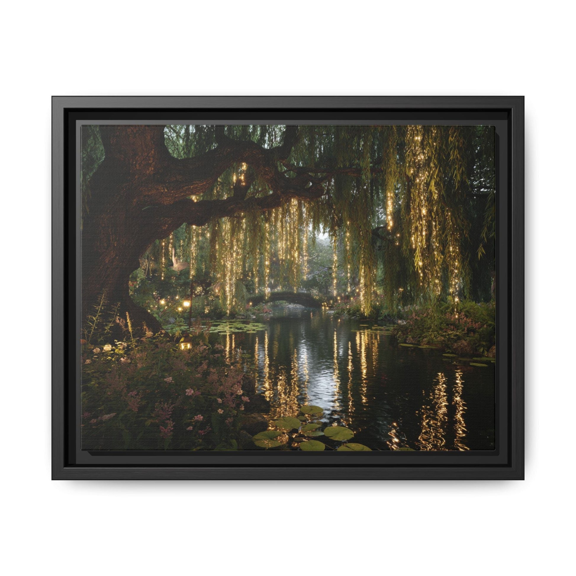 Magical Tree Framed Canvas featuring serene enchanted tree over reflective water with hanging lights and lush greenery