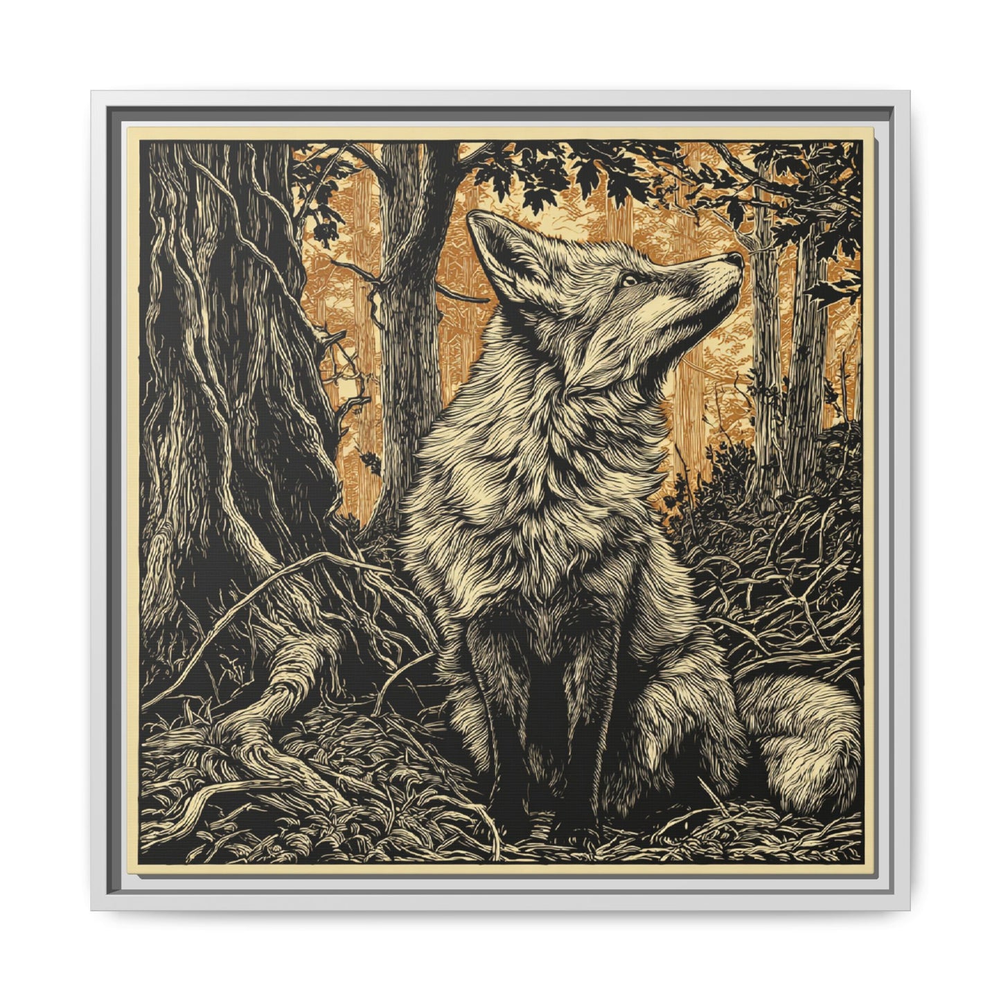 Fox Linoprint Square Framed Canvas Wall Art