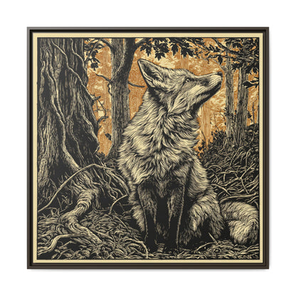 Fox Linoprint Square Framed Canvas Wall Art