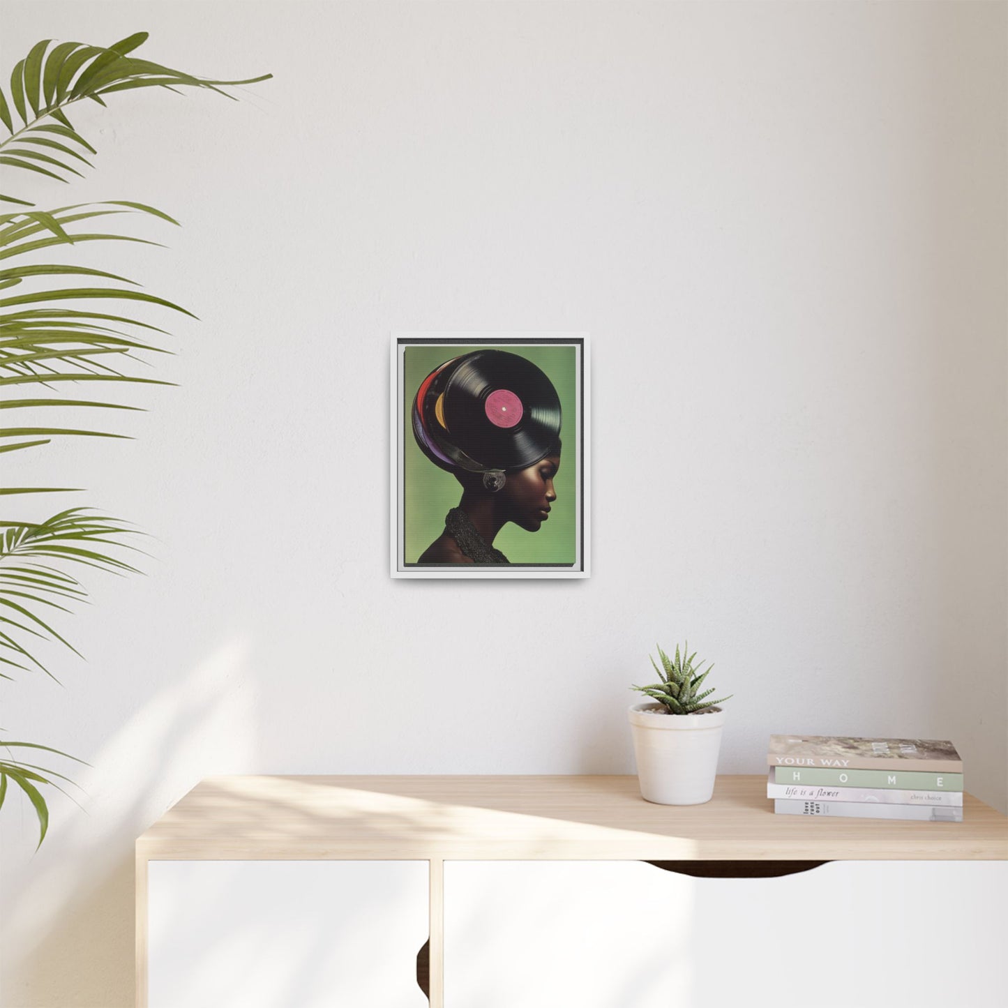 Vinyl Records Black Woman Framed Canvas Wall Art